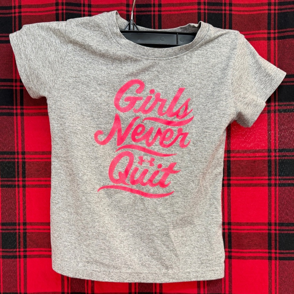 Under Armour Gray T-Shirt with Pink 'Girls Never Quit' Design